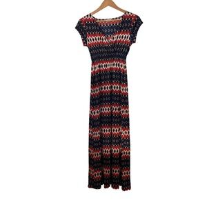 5m Love Vintage Maxi Dress Red White Blue Diamond Geometric Print Short Sleeve M